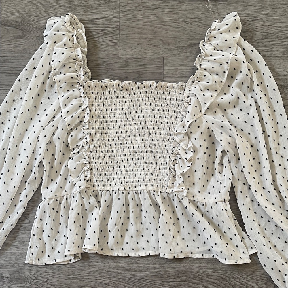 White Polka Dot Smocked Top